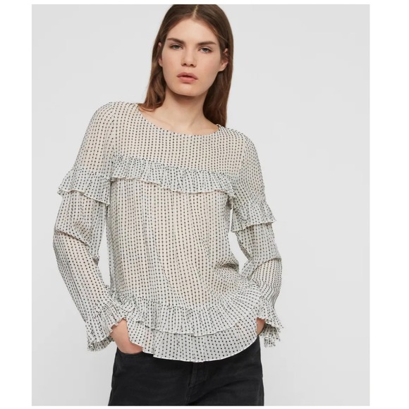 AllSaints Evia Embroidered Ruffle Trim Long Sleeve Top Small - Picture 1 of 7